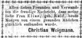 Zeitungsanzeige von <a class="mw-selflink selflink">Christian Weigmann</a>, März 1873