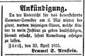 Anzeige von Lemmel Arnstein, <!--LINK'" 0:11--> 25.4.1855