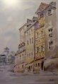 Gebäude vrnl <!--LINK'" 0:21-->, Fachwerkhaus <!--LINK'" 0:22-->, <!--LINK'" 0:23-->, <!--LINK'" 0:24-->, im Hintergrund die <!--LINK'" 0:25--> 1998; Gemälde vom Burgfarrnbacher Maler Erwin Kaltenbacher