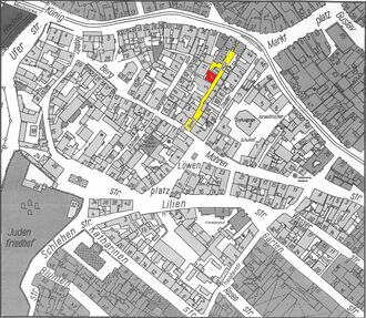 Alter Katasterplan des Gänsbergviertels, Standort Geleitsgasse 7 ist rot markiert