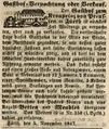 Zeitungsanzeige, dass der Gasthof  zu verpachten oder zu verkaufen ist, November 1847