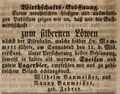 Zeitungsanzeige von Wilhelm Baumeister, Wirt , Mai 1844