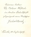 Original-Widmung Jakob Bocks auf der Innenseite eines Exemplars des von ihm verfassten Buchs 