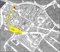 Rednitzstraße 1, "Restauration zum schwarzen Bock" - rot markiert da zur Planerstellung nicht mehr existent;</br>
Rednitzstraße, gelb markiert