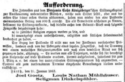 Aufruf der Benjamin-Cohn-Königsberger-Aussteuerungs-Stiftung, Fürther Tagblatt 23.Januar 1863
