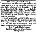 Wohnungsveränderung von J. P. Kleininger, Mai 1851