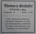 Werbeanzeige der Branntweinbrennerei <a class="mw-selflink selflink">Thomas & Gerstacker</a>, 1949