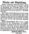 Zeitungsanzeige des Wirths <a class="mw-selflink selflink">zum bayerischen Löwen</a> Johann Koch, Mai 1854