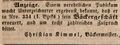 Zeitungsanzeige des Bäckers , Juni 1846