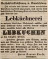 Zeitungsanzeige zur Geschäftseröffnung des Lebküchners , Dezember 1844
