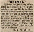 Zeitungsanzeige von , Bauherr des Wohnhauses <a class="mw-selflink selflink">Ludwig-Erhard-Straße 13</a>, Mai 1844