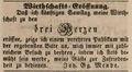 Werbeannonce für die Wirtschaft <a class="mw-selflink selflink">zu den drei Herzen</a>, Mai 1844