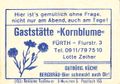 Zündholzschachtel-Etikett der ehemaligen Gaststätte Kornblume in der Flurstr. 3, um 1965