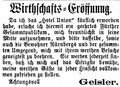Zeitungsanzeige von Geisler, der das "Hotel Union" gekauft hat, Mai 1867