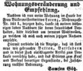 Zeitungsanzeige bzgl. eines Umzugs in die damalige , September 1852