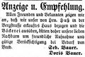 Zeitungsanzeige des Bäckers Seb. Bauer in der Bergstraße, November 1855