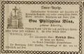 Todesanzeige der Philippina Bina, Hutfabrikanten-Frau, August 1874