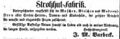 Zeitungsannonce des Strohhutfabrikanten Johann Michael Barbeck, März 1856