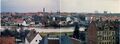 Panorama von Fürth von der  Anhöhe aus mit Hochwasser der . Gebäude vorne rechts  + 12, von rechts nach links , , <a class="mw-selflink selflink">Stadthalle</a> mit Blick in die ,  Turm. Hochhäuser rechts  und . Aufnahme vom 31.12.1986.