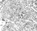 Stadtplan vom Gänsberg 1:2000, Stand ca. 1960 - mit Ausnahme Synagogenplatz und Jüdischer Friedhof. Hier nachträgliche Eintragung der durch die Nationalsozialisten 1938/39 zerstörten Gebäude (= alle eng schraffierten Gebäude)