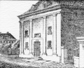 Steindruck des alten Theaters an der Stelle der heutigen <!--LINK'" 0:36-->. Im Hintergrund Gartenstr. 17
