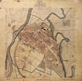 Stadtplan Fürth, 1821 mit Hausnummern und Straßenbezeichnungen. Unterschrift: Enthalten 590 Hausnummern, wovon 116 Juden Besitzer sind.