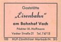 Zündholzschachtel-Etikett der ehemaligen Gaststätte Eisenbahn, um 1960