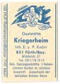 Zündholzschachtel-Etikett Gaststätte Kriegerheim, 1960er - 1970er Jahre