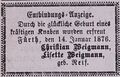 Zeitungsanzeige von <a class="mw-selflink selflink">Christian Weigmann</a>, Januar 1876