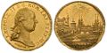 Nürnberger Golddukaten von 1790;
Avers: Kaiser Leopold II.
Revers: Stadtansicht Nürnberg