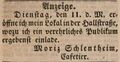 Werbeanzeige von <a class="mw-selflink selflink">Moritz Schlentheim</a> für sein Café in der <!--LINK'" 0:19-->, September 1849