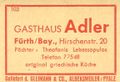 Zündholzschachtel-Etikett des ehemaligen Gasthaus Adler, um 1965