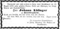 Todesanzeige Johann Aldinger vom 27. Aug. 1872