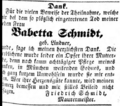 Danksagung zum Tod von Babetta Schmidt (1. Ehefrau) vom 9. April 1854