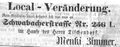 Zeitungsanzeige von Menki Zimmer, August 1854