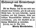 Zeitungsanzeige von <a class="mw-selflink selflink">Moritz Wertheimber</a>, Mai 1855