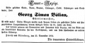 Traueranzeige für den Gürtlermeister Georg Simon Bölian, November 1856