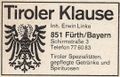 Zündholzschachtel-Etikett der ehemaligen Gaststätte "Tiroler Klause", um 1965