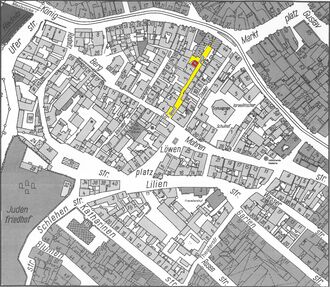 Alter Katasterplan des Gänsbergviertels, Standort Geleitsgasse 9 ist rot markiert