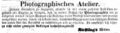 Zeitungsanzeige der Witwe des Photographen <a class="mw-selflink selflink">Konrad Kießling</a>, Juli 1862