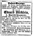 Todesanzeige für Eduard Bürklein vom 29. Mai 1871