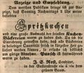 Zeitungsanzeige des Conditors <a class="mw-selflink selflink">Johann Sebastian Rost</a>, Oktober 1845