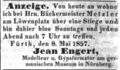 Zeitungsanzeige des Bildhauers <a class="mw-selflink selflink">Jean Engert</a>, Mai 1857