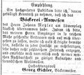 Geschäftsübernahme des Bäckerei-Anwesens Metzler durch Bäckermeister Georg Eichler (FT 7. Mai 1868)