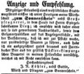 Zeitungsanzeige des Wirts J. N. Köhler anlässlich der Eröffnung seiner Wirtschaft, August 1852