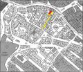Alter Katasterplan des Gänsbergviertels, Standort Geleitsgasse 13, das Städtisches Brause- und Wannenbad, ist rot markiert