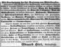 Zeitungsanzeige des Händlers Eduard Hirt, Mai 1858