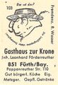 Zündholzschachtel-Etikett der ehemaligen Gaststätte Zur Krone, um 1965