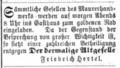 Einladung der Maurergesellen durch Altgeselle F. Hertel, Juli 1869