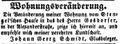 Zeitungsanzeige des Glasbelegers Schmidt, der zu  zieht, August 1851